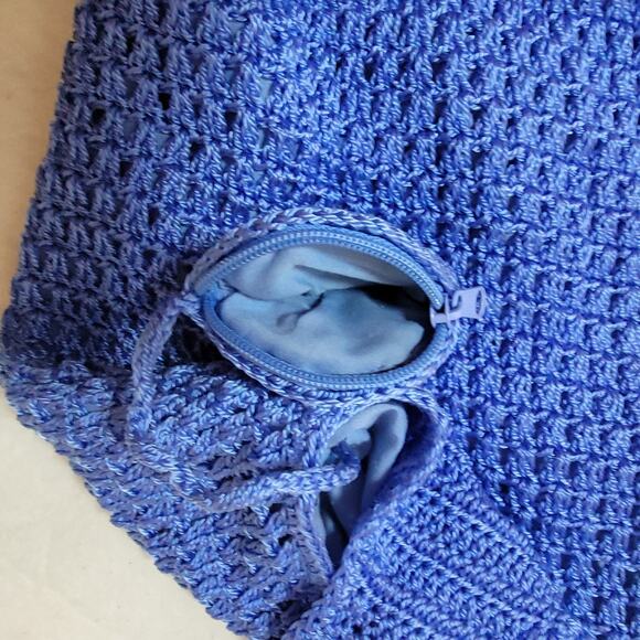 Crocheted‎ Market Bag Mesh Tote Knit Blue Coquette Cottage Casual Traditional - Picture 9 of 14
